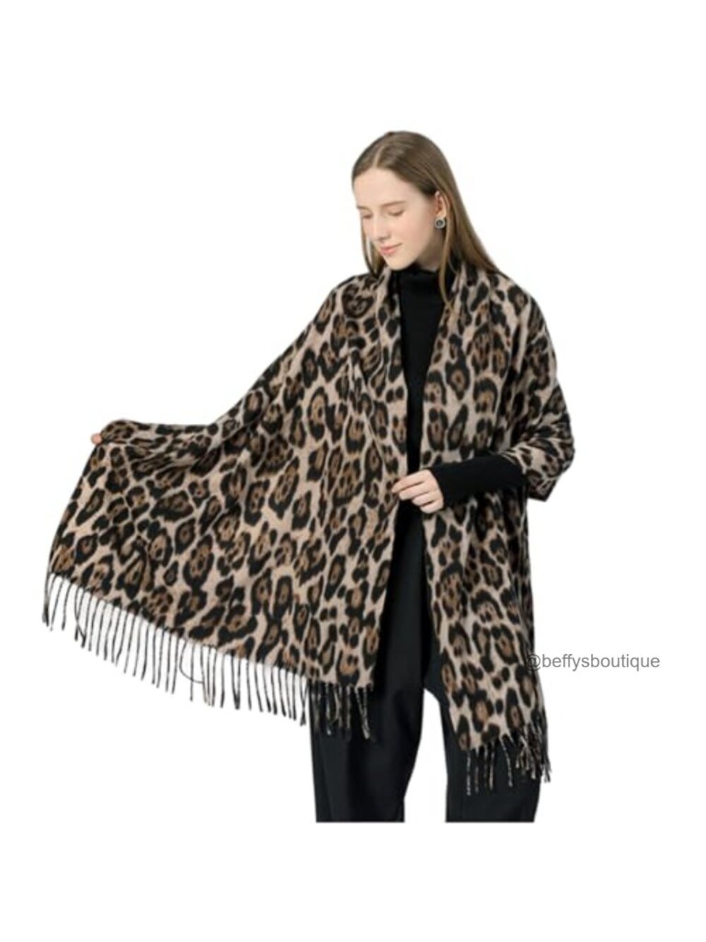 Leopard Print Oversized Winter Scarf with Tassels Soft Warm Shawl Wrap